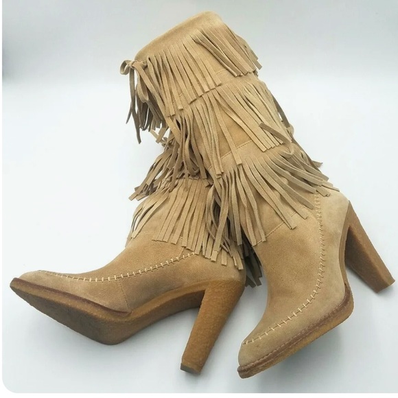 Michael Kors Boots Suede Fringe Sz 7.5M Tan High Heel Almond Toe - Picture 6 of 8